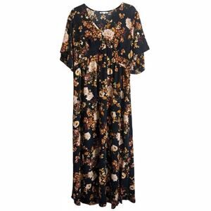 Bailey Blue Plus Size 1X Maxi Dress Angel Wing Sleeves Fall Print Boho Whimsical